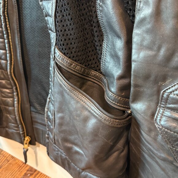 VINTAGE Leather Motorcycle Jacket Black Size 46 Tall Padded Vented Elbow Pads - Picture 4 of 14